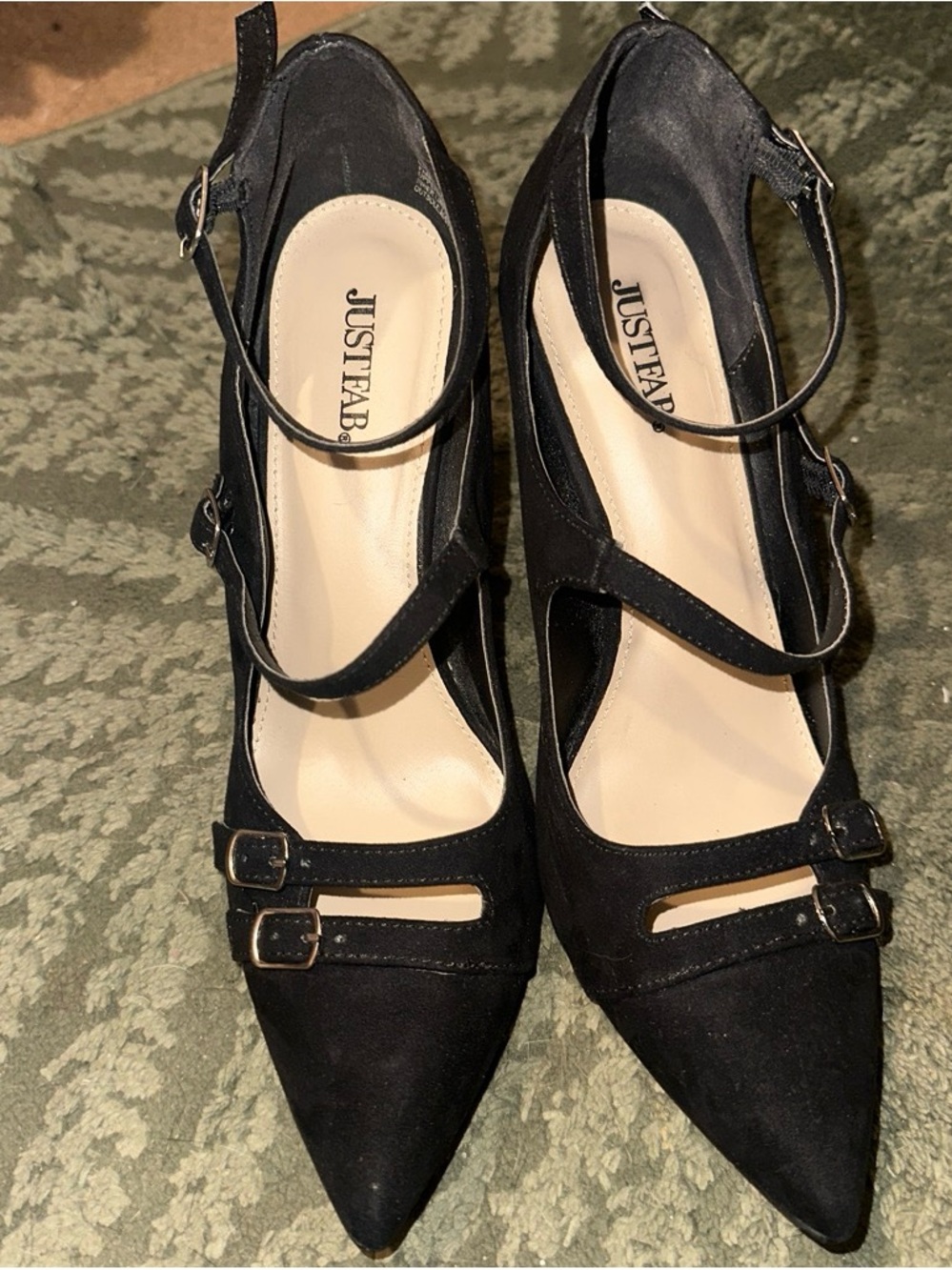 JustFab Black Pointed-Toe Double-Strap Ankle Heels